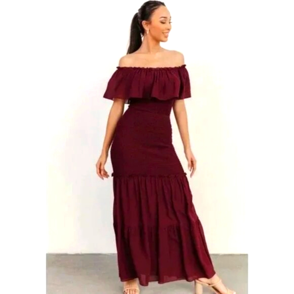 Baltic Born Amalfi Smocked Maxi Dress Chiffon Off The Shoulder Ruffle Tiered, XL